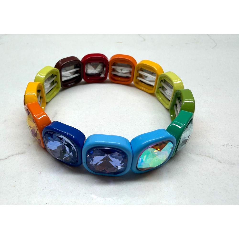 Rainbow Crystal Enamel Chunky‎ Stretch Bracelet Multicolor Square Statement Gem